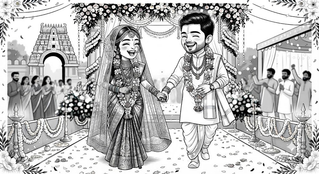 Illustrated caricature of Medha and Venil walking together at their wedding